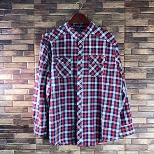 Mens XXL Straight Faded Blue White & Red Plaid Button Up Shirt